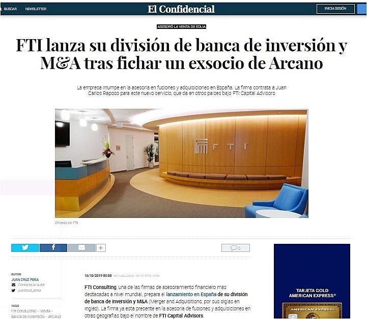 FTI lanza su divisin de banca de inversin y M&A tras fichar un exsocio de Arcano